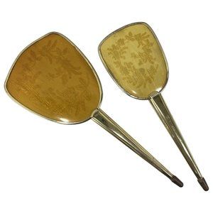Vintage Hand Held Vanity Mirror and Hair Brush Set of 2 Floral Design Gold Tone